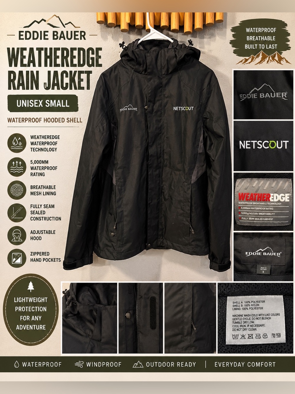 Eddie Bauer WeatherEdge Rain Jacket Unisex Small Black Hooded Shell